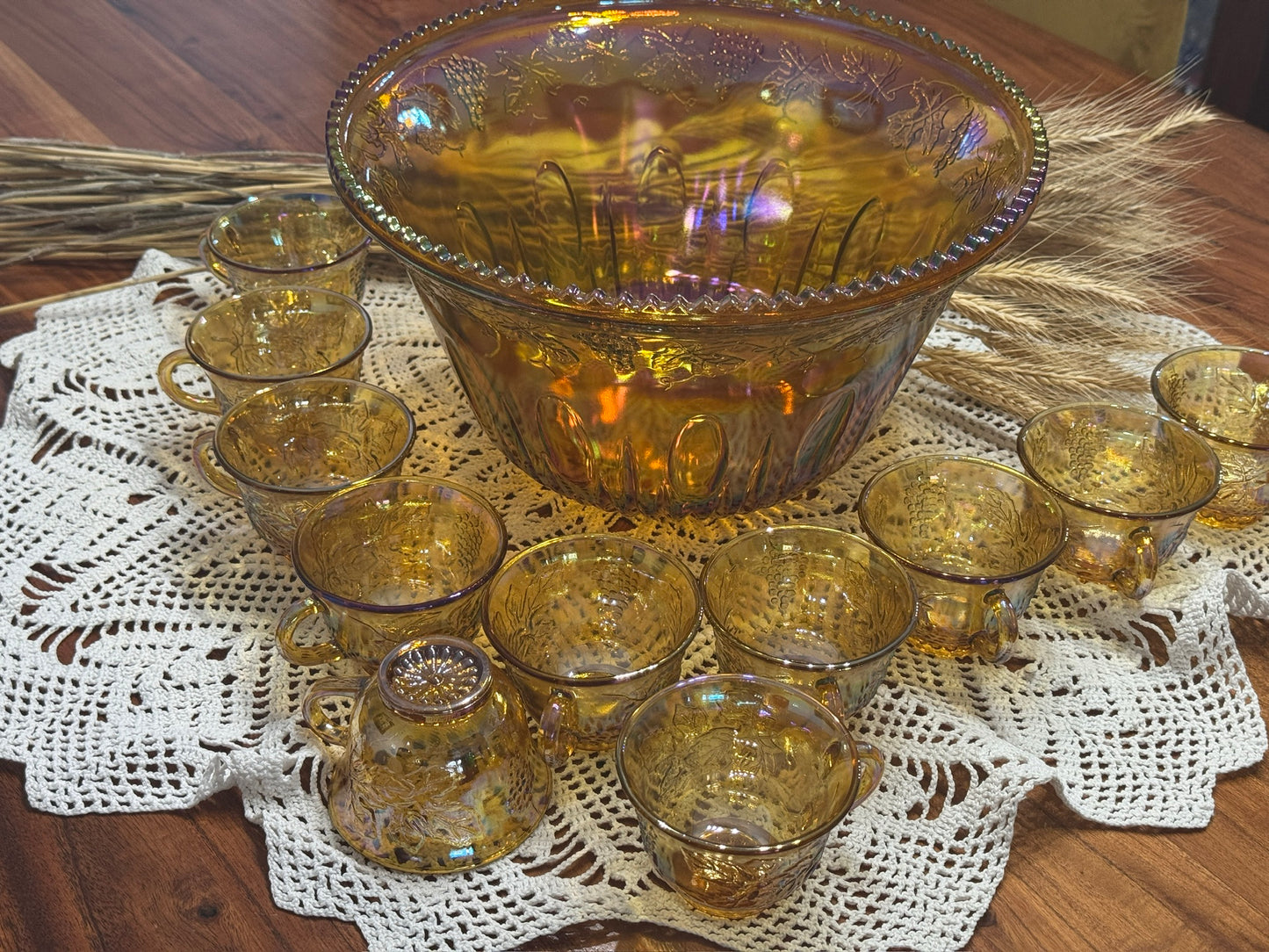 Marigold Indiana Carnival Glass Punch Bowl Set