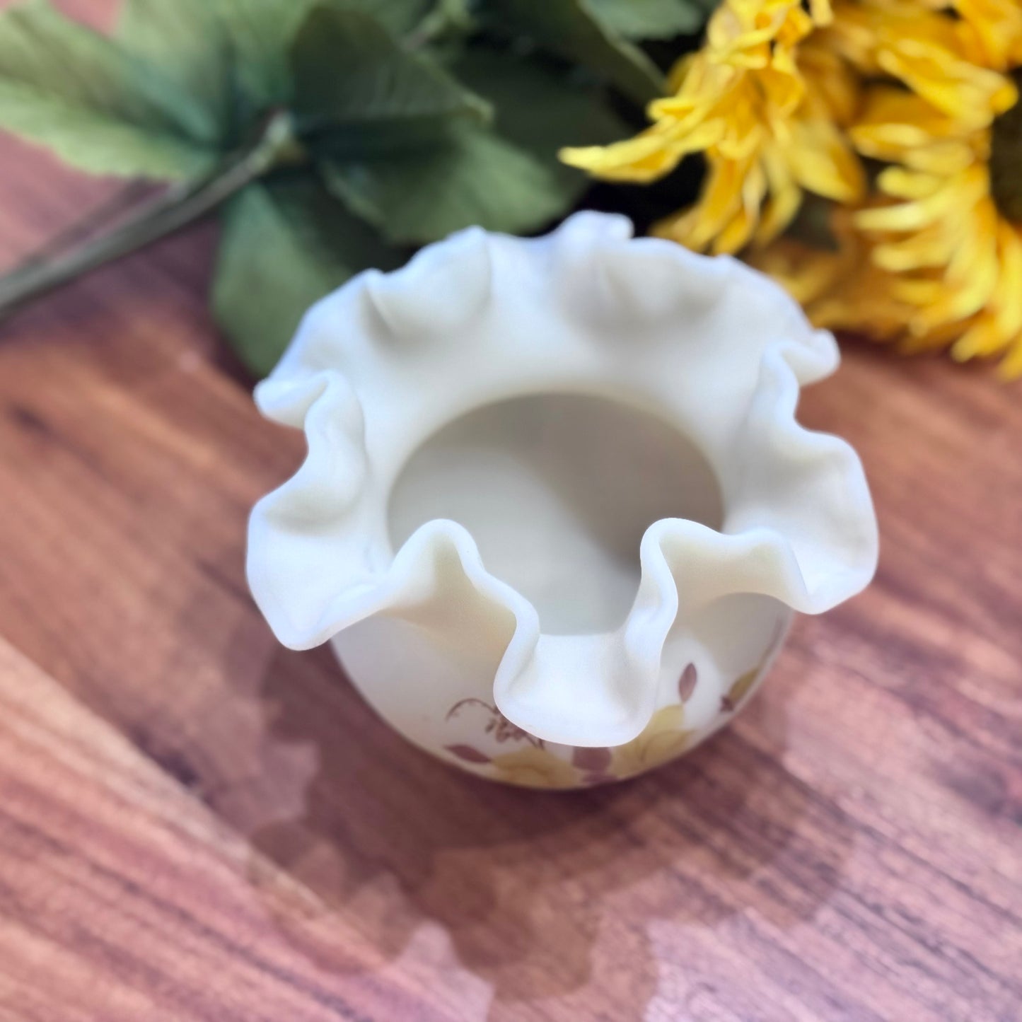 Fenton Hand Painted Custard Glass Bowl Vase