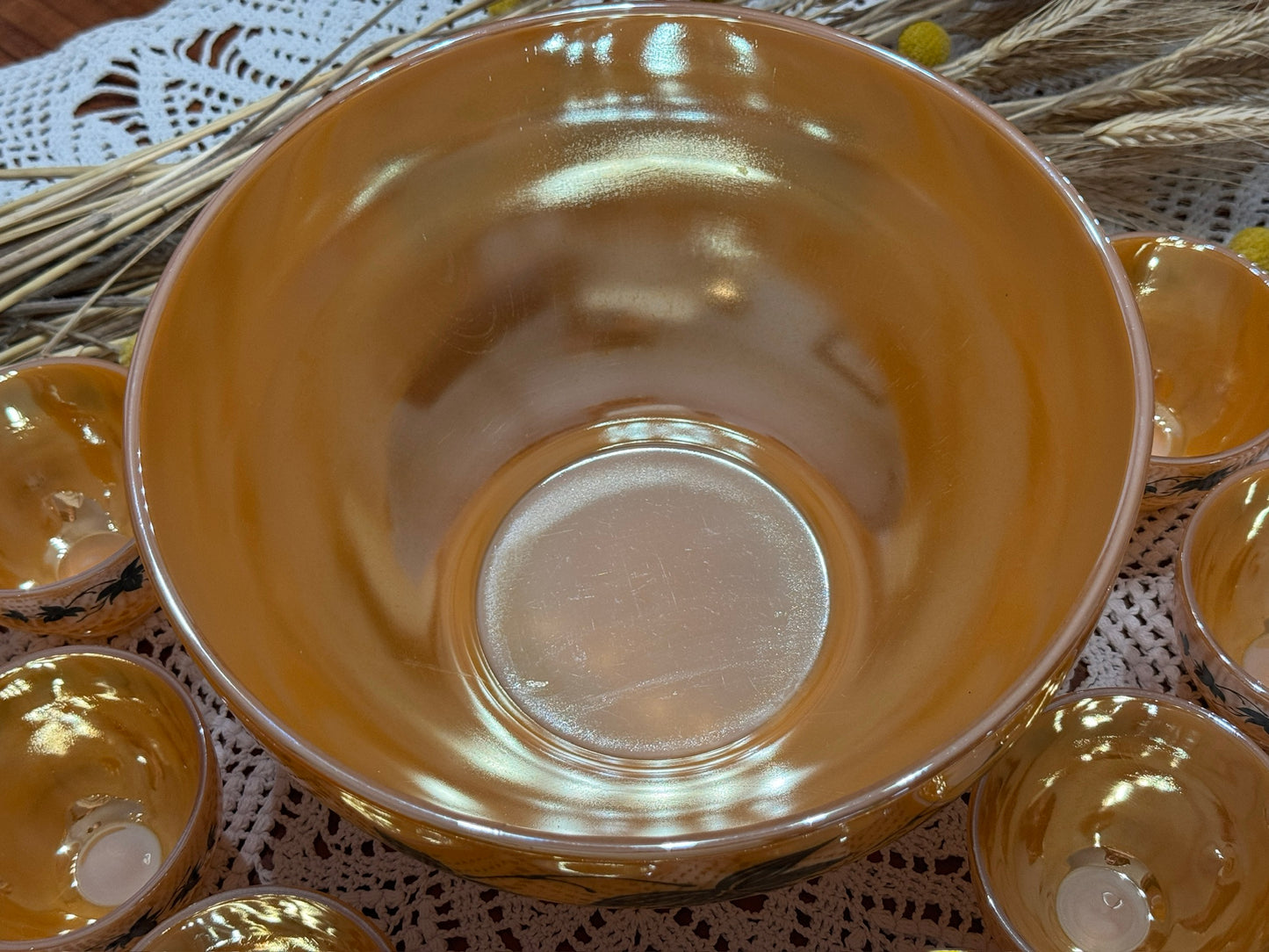 Anchor Hocking Fire-King Peach Luster 'Green Ivy' Punch Bowl Set