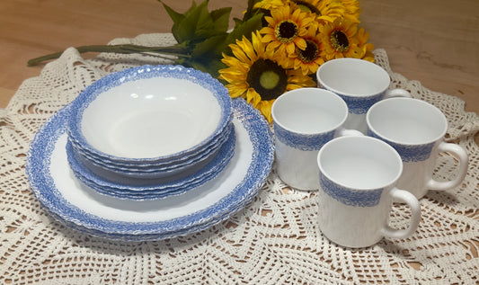 ARC France MSE Milk Glass and Blue Vine Dish Set
