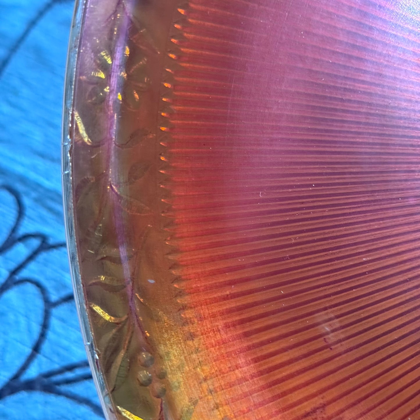 Carnival Glass Marigold/Orange Floral and Ribbed Bowl