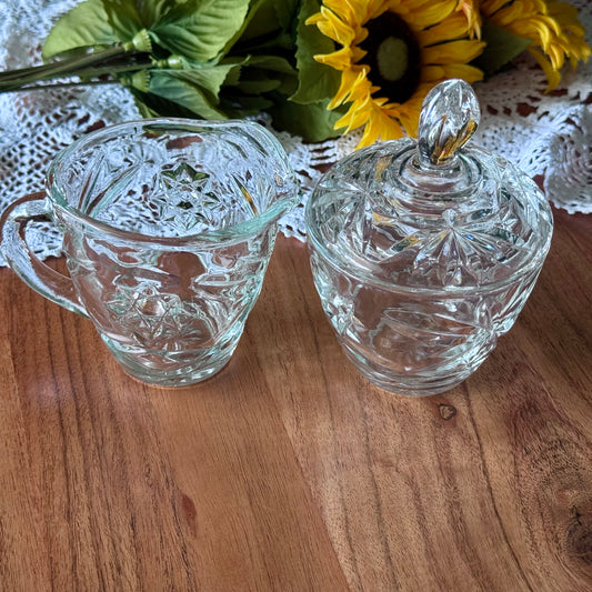 Anchor Hocking Star of David Cut Glass Creamer and Covered Sugar Set