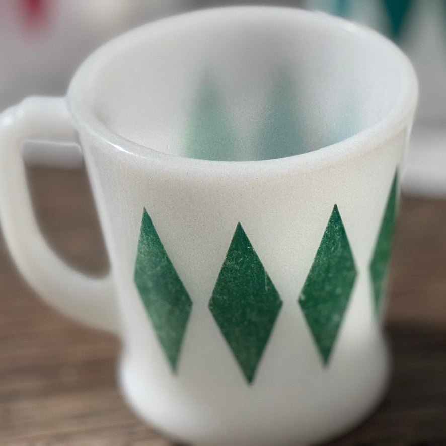Fire King Red & Green Diamond/Harlequin Mugs
