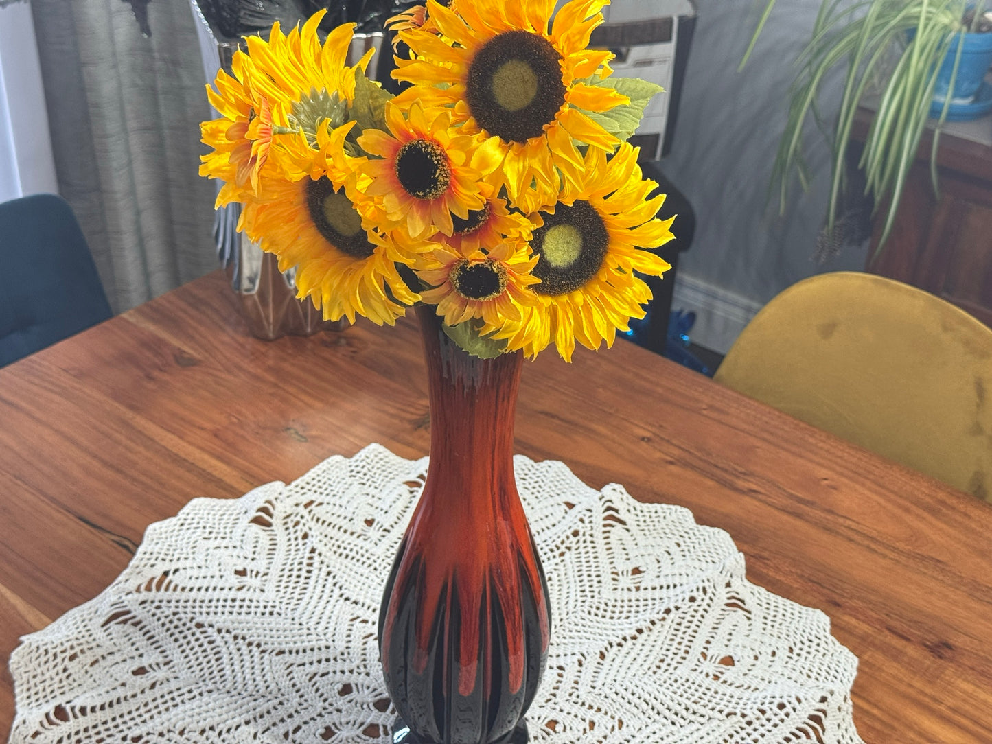 Vintage Orange/Black Drip Glaze Long Neck Vase