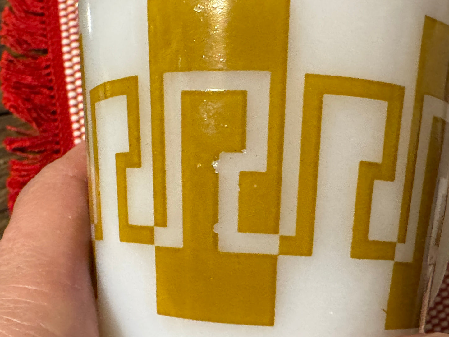 Anchor Hocking Fire-King Gold/Brown Greek Key Milk Glass Mugs