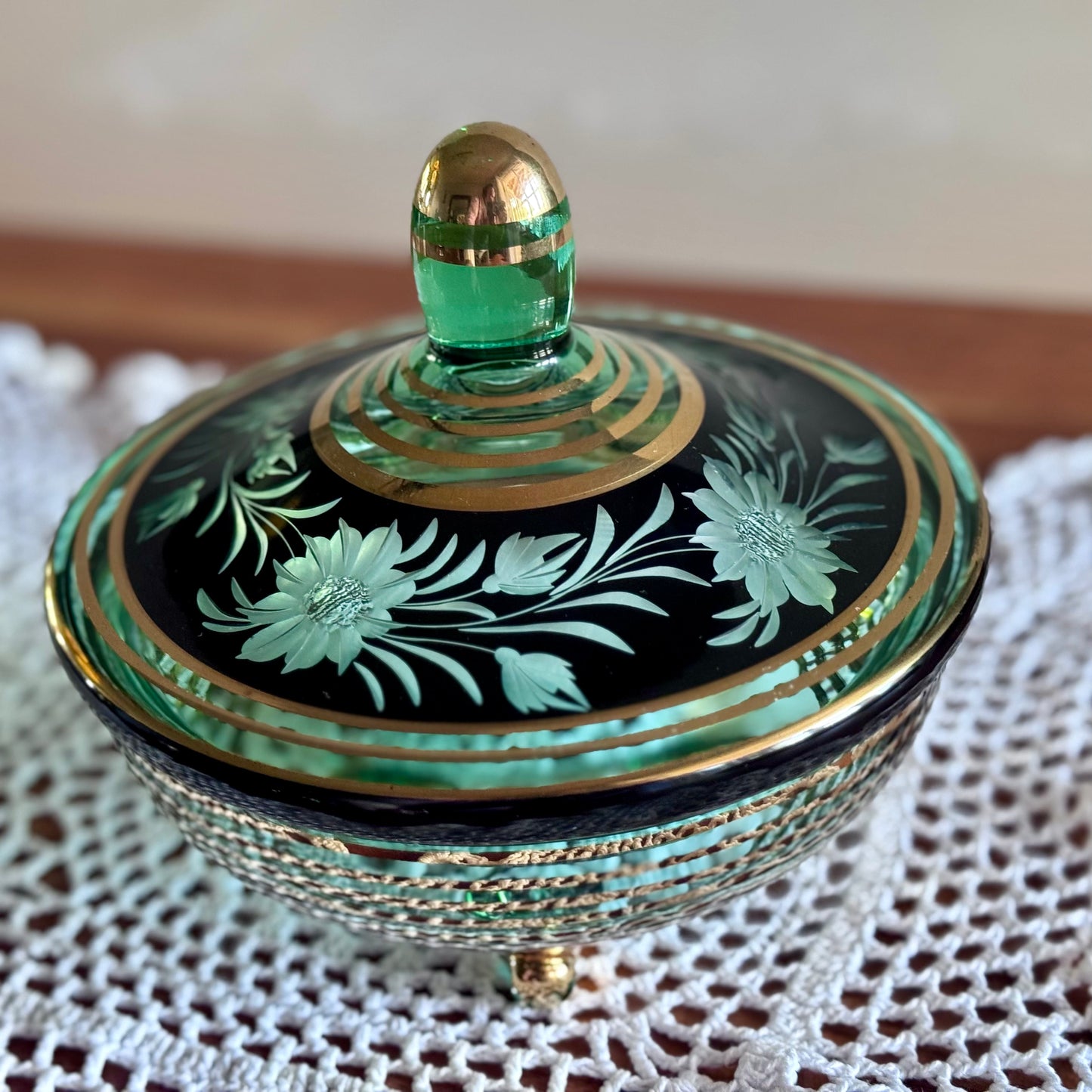 Czech Bohemian Lidded Glass Cut Footed Bowl
