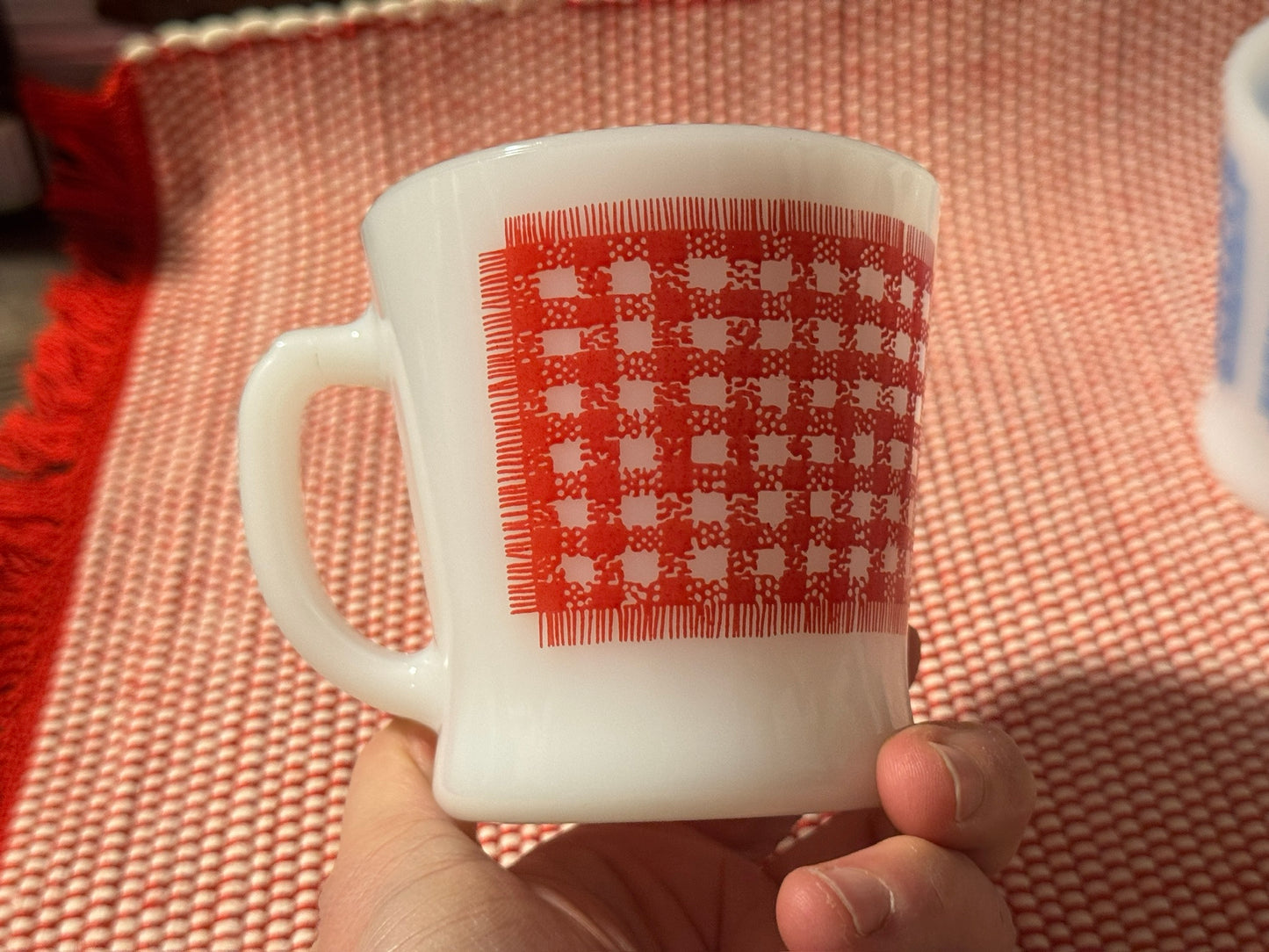 Anchor Hocking Fire-King Red/Blue Gingham Milk Glass Mugs