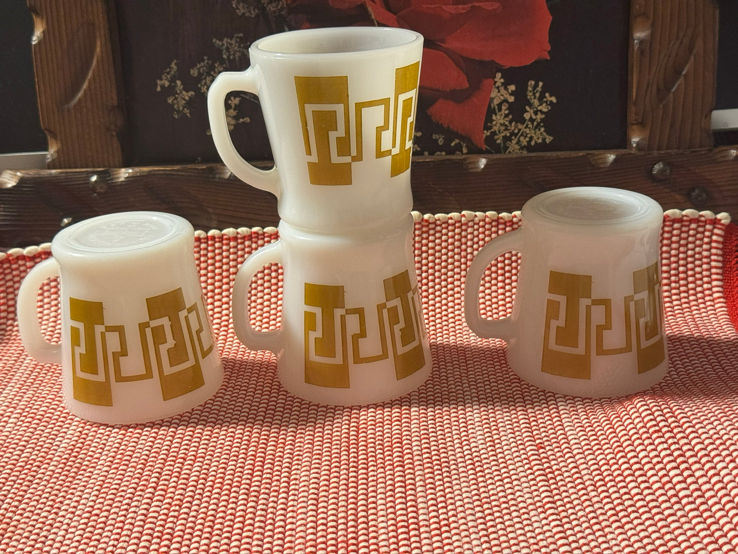 Anchor Hocking Fire-King Gold/Brown Greek Key Milk Glass Mugs