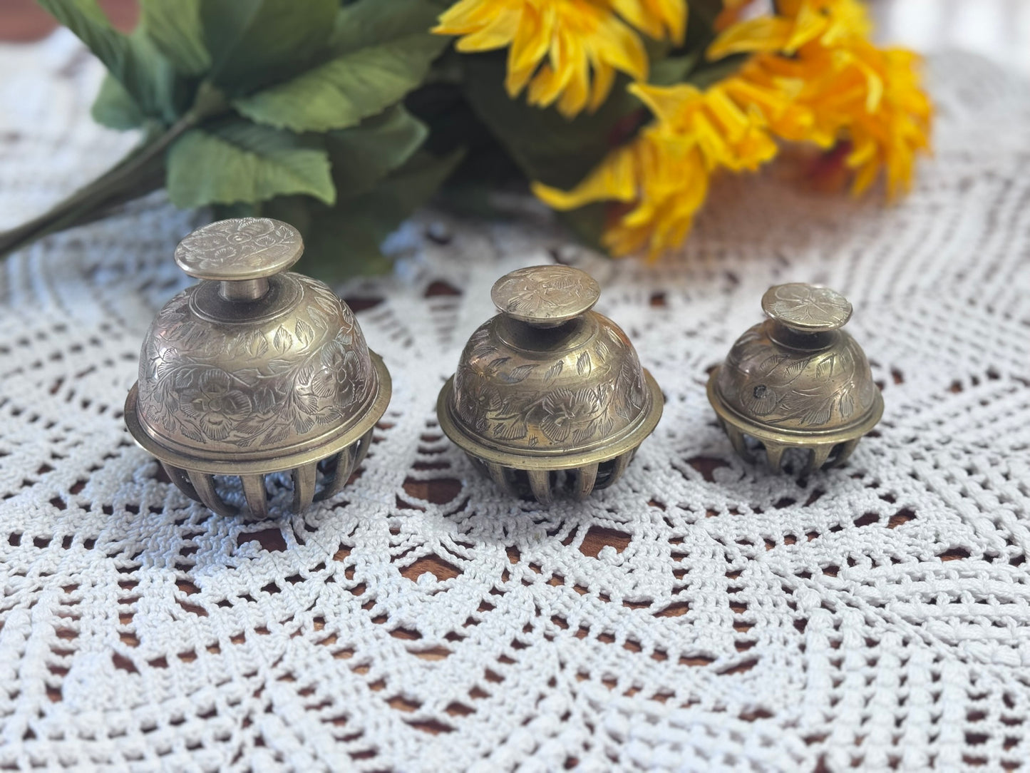 Vintage Etched Brass Elephant Claw Bells