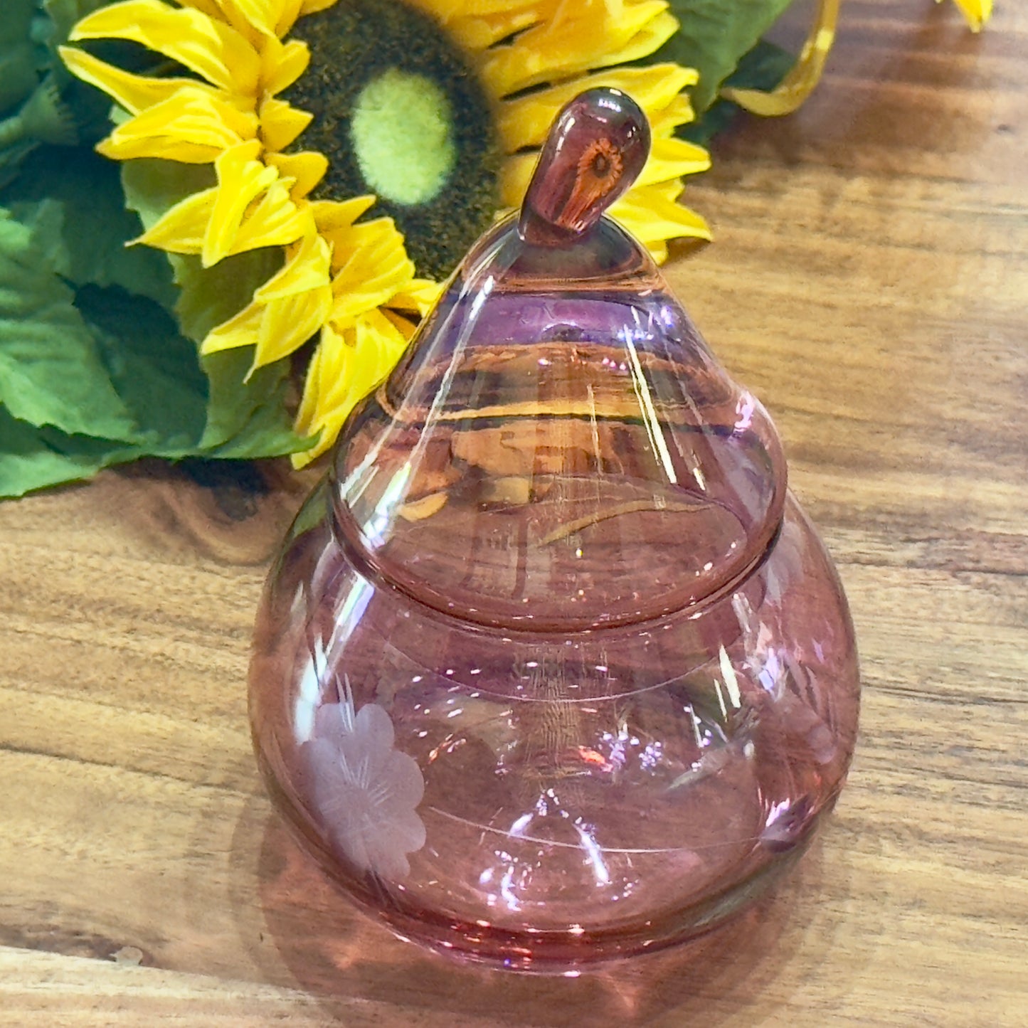 Cranberry Etched Glass Lidded Pear Shape Trinket Dish