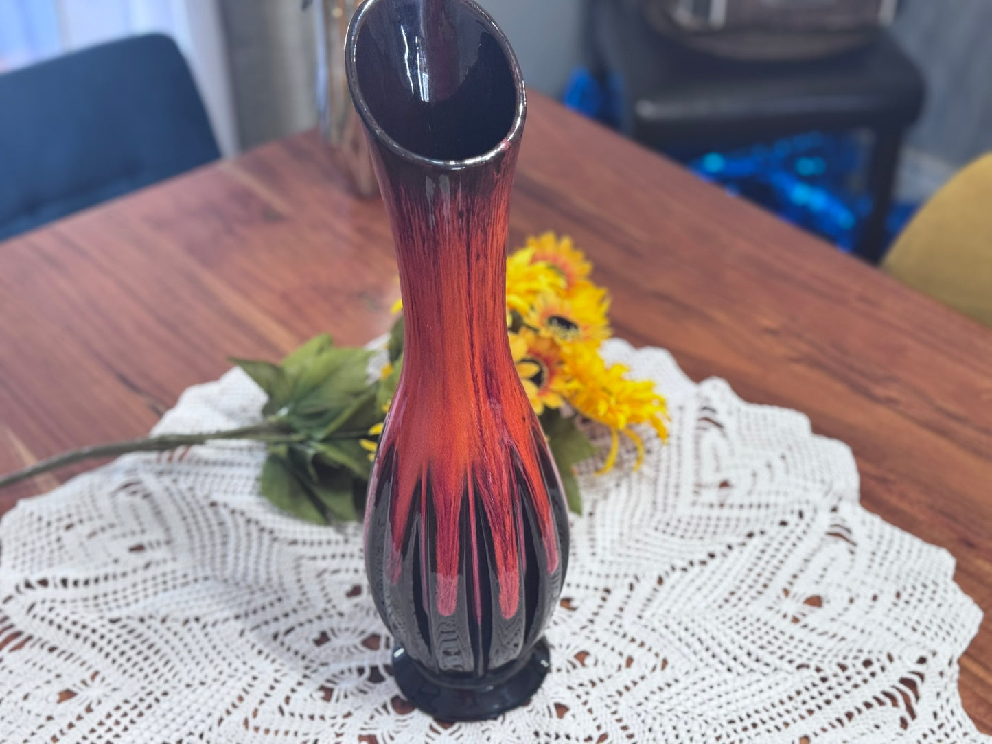 Vintage Orange/Black Drip Glaze Long Neck Vase