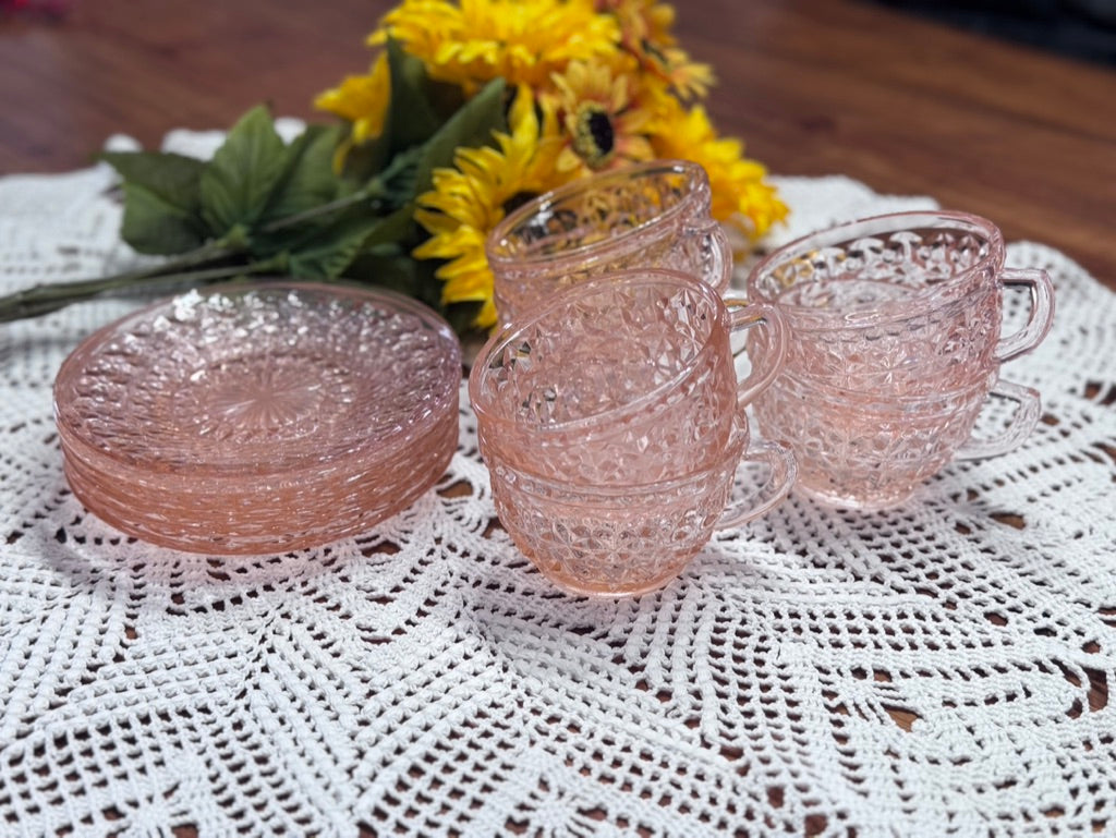Pink Jeannette Depression Glass 'Holiday Buttons and Bows' Teacup & Saucer Set