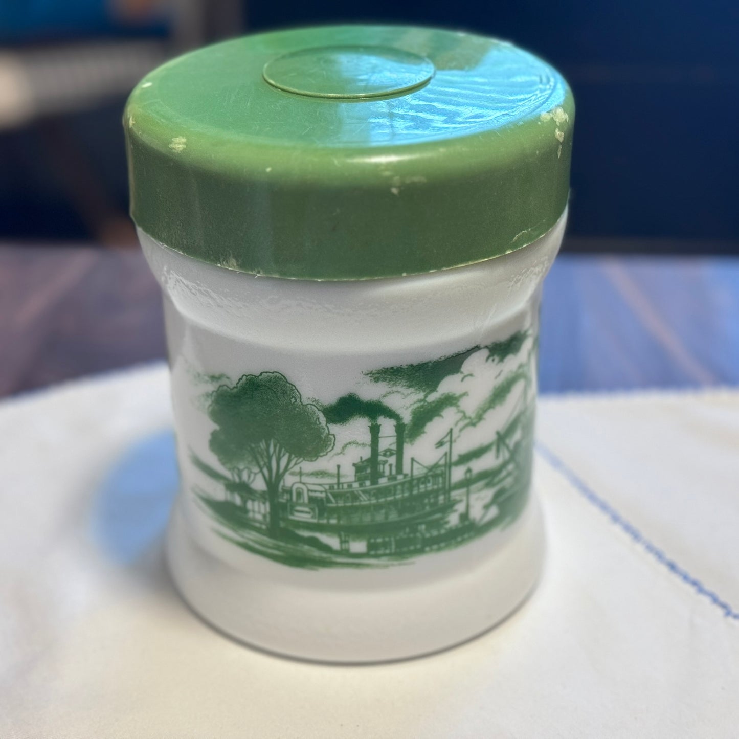 Milk Glass River Boat Canister/Jar
