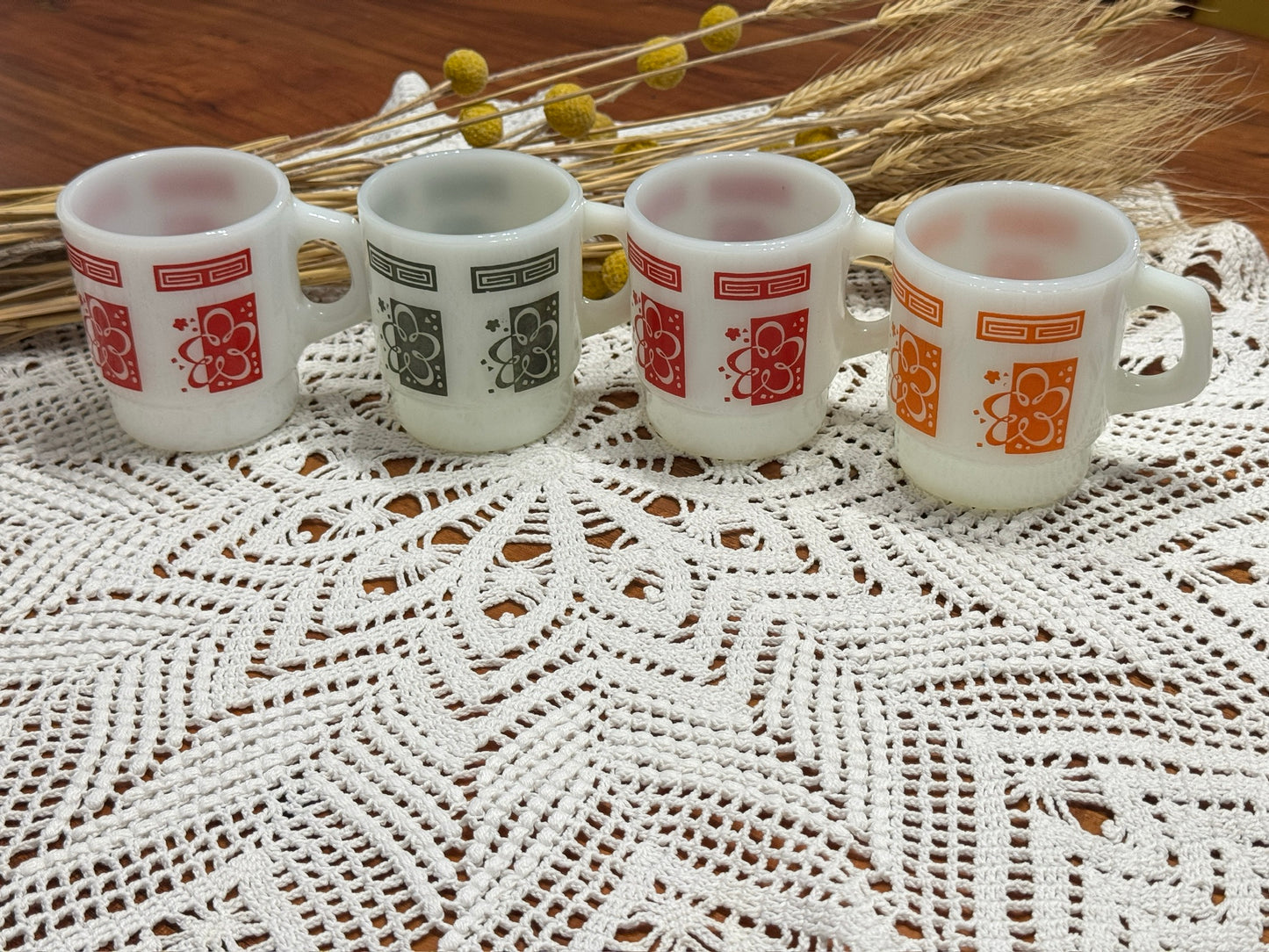 Anchor Hocking Fire-King Stackable Atomic Cloud/Flower Milk Glass Mugs