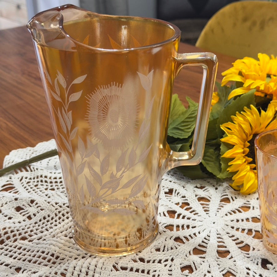 Jeannette Marigold Carnival Glass Pitcher & Glasses