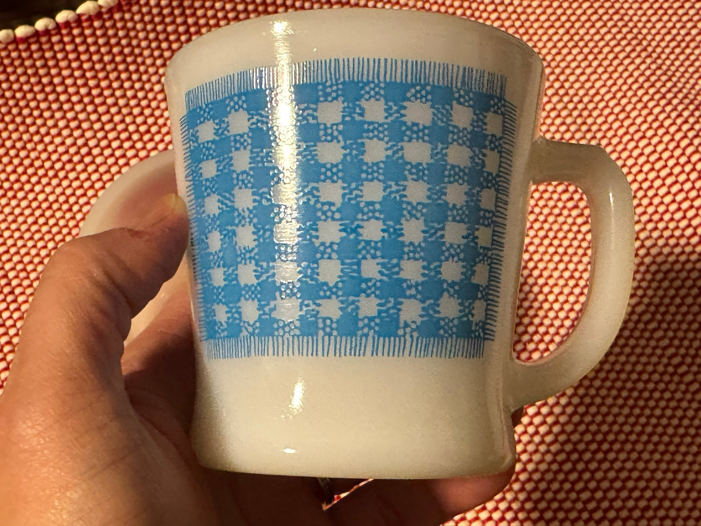 Anchor Hocking Fire-King Red/Blue Gingham Milk Glass Mugs