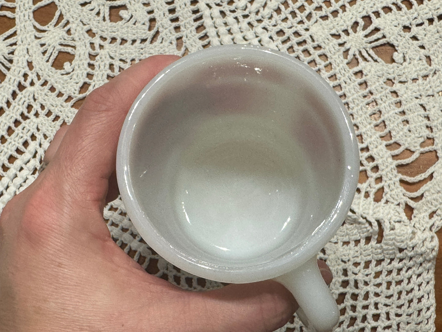 Anchor Hocking Fire-King Stackable Atomic Cloud/Flower Milk Glass Mugs