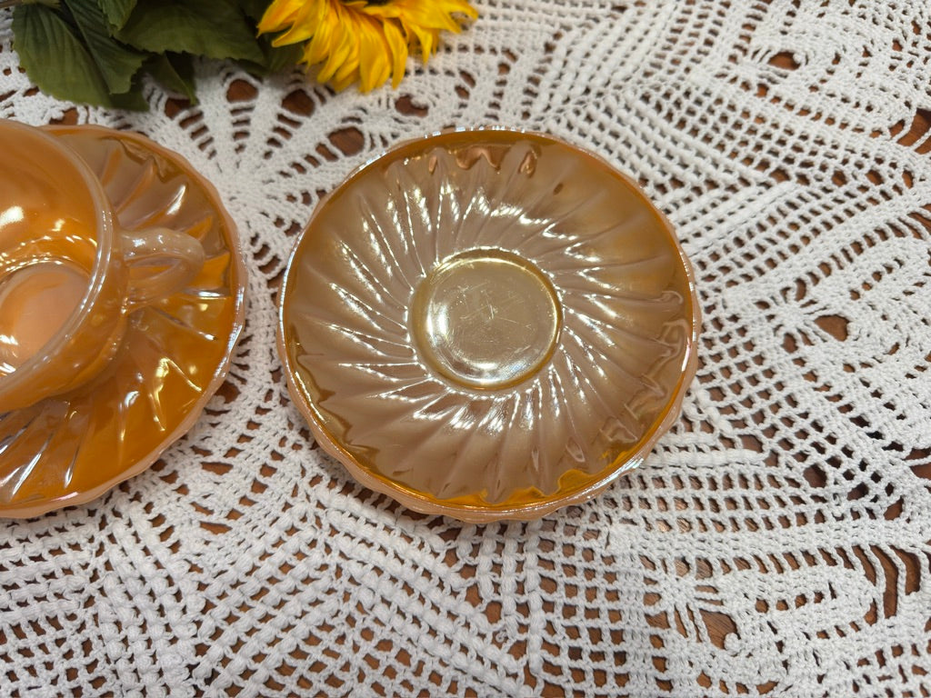 Anchor Hocking Fire King Peach Luster Swirl Demitasse Cup & Saucer