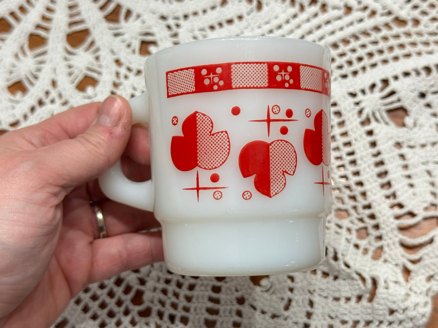 Anchor Hocking Fire King Red Atomic Leaf Stackable Mug
