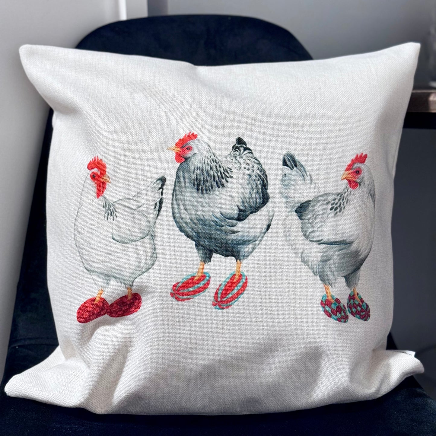 Roosters with Knitted Slippers Pillow Cover