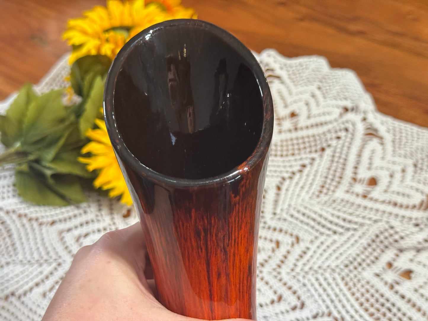 Vintage Orange/Black Drip Glaze Long Neck Vase