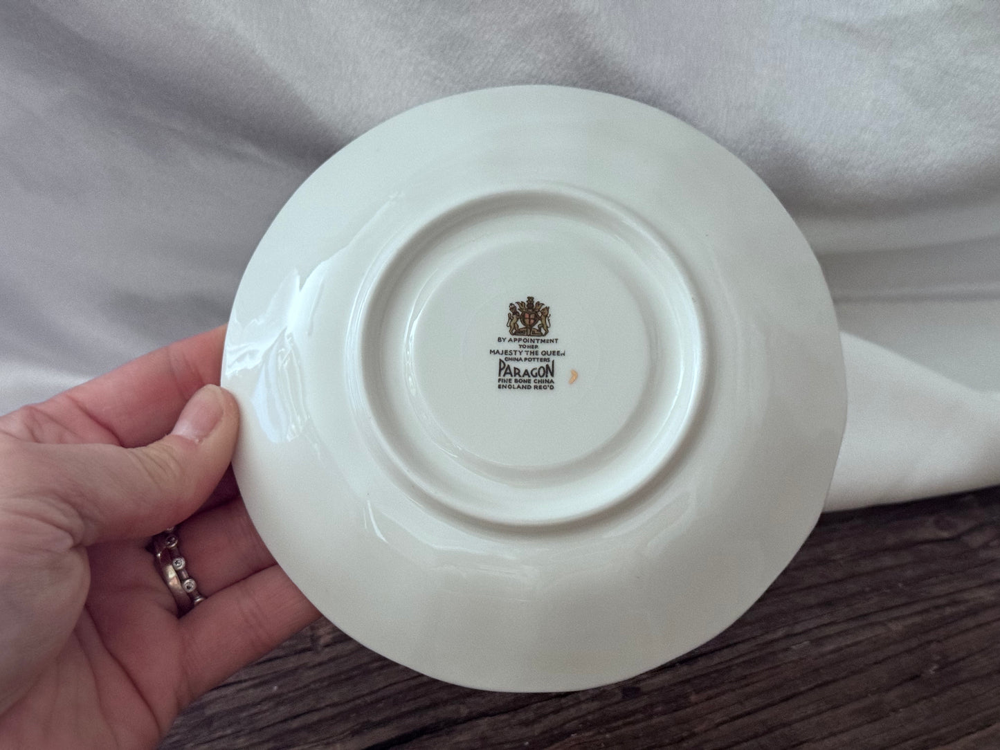Paragon 'Joyeux Anniversaire' Golden Floral Pattern Teacup and Saucer