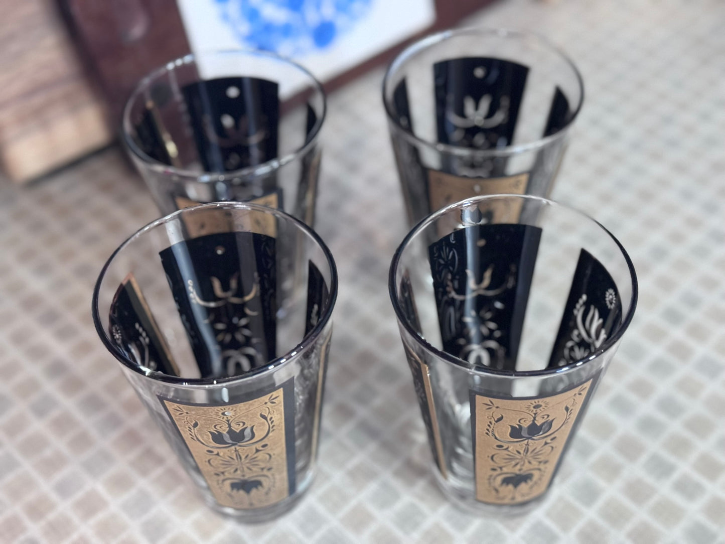 Dominion Glass Black & Gold Tulip Print Design Drinking Glasses (Set of 4)