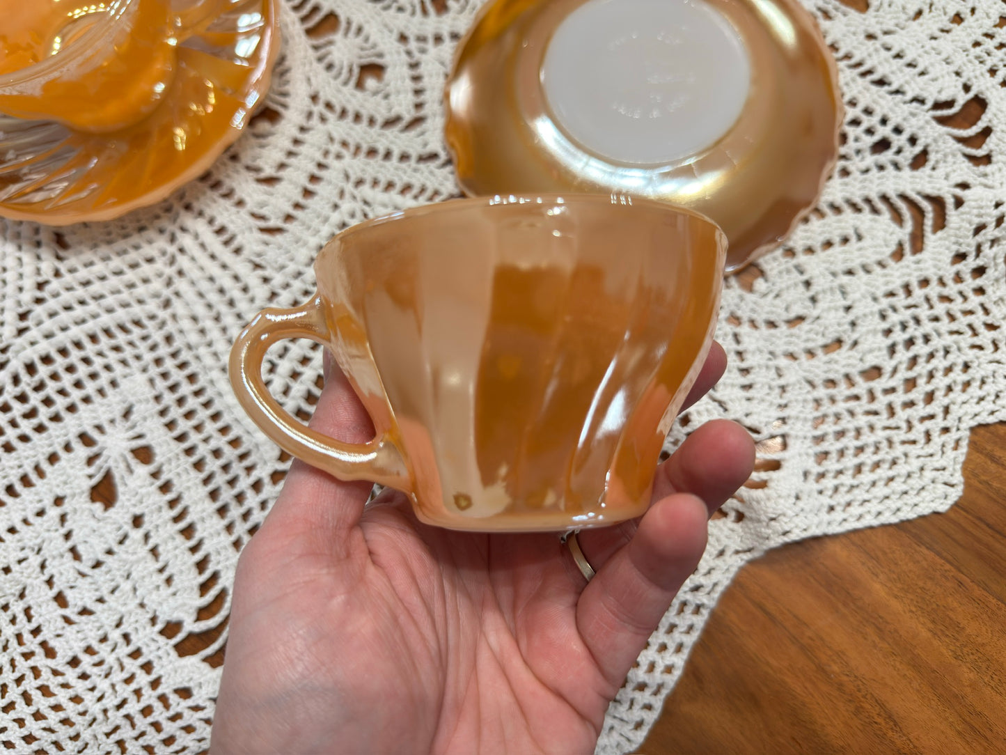 Anchor Hocking Fire King Peach Luster Swirl Demitasse Cup & Saucer