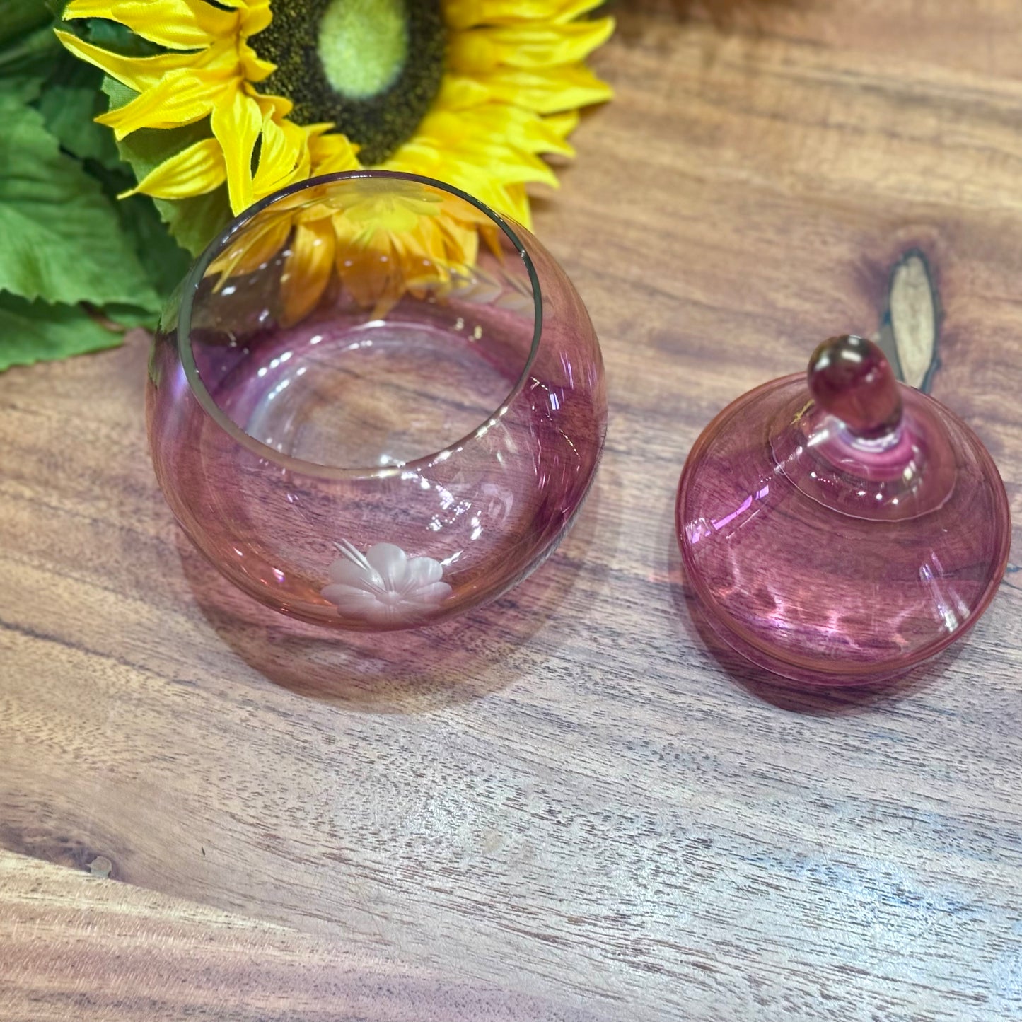 Cranberry Etched Glass Lidded Pear Shape Trinket Dish