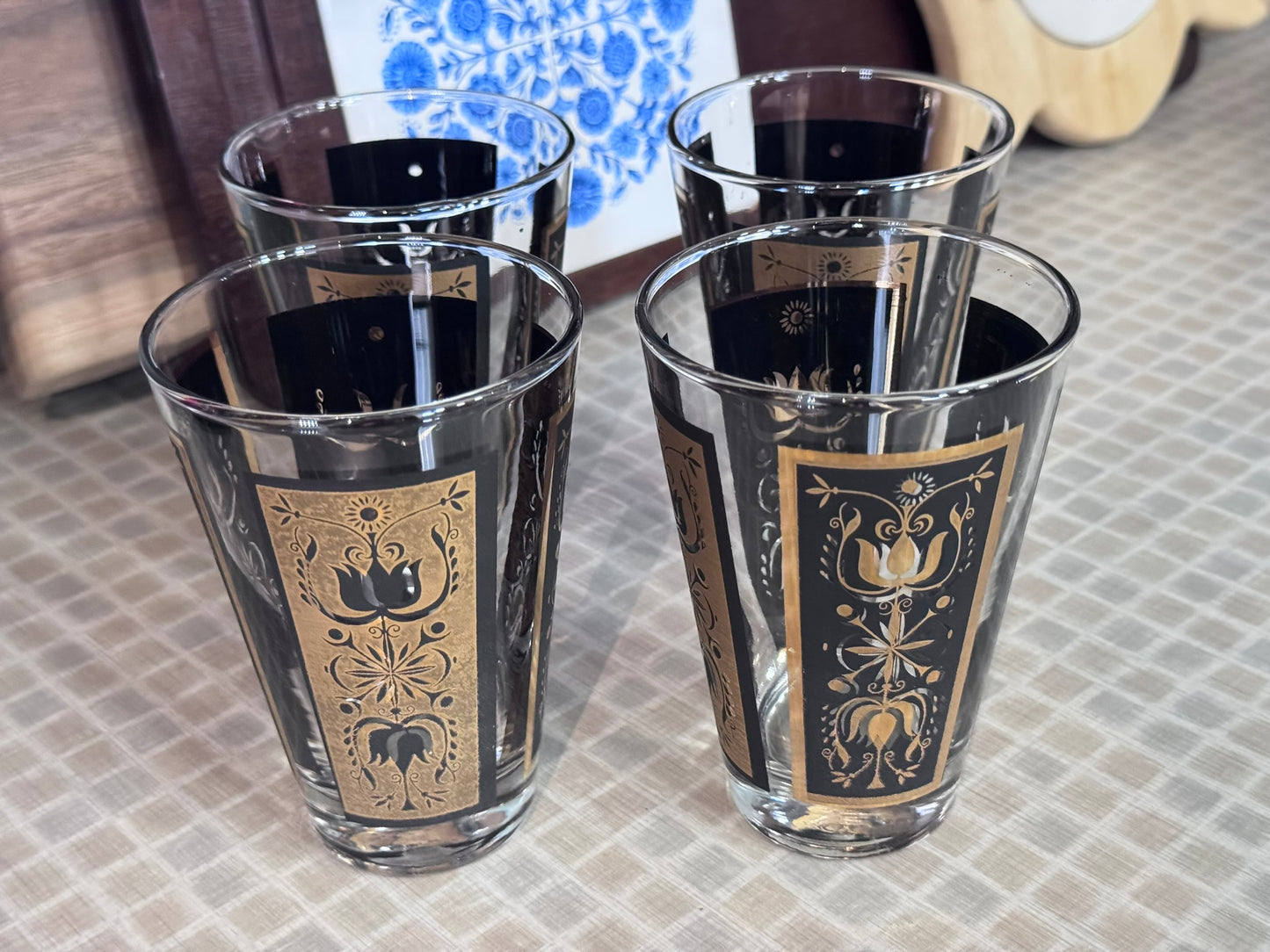 Dominion Glass Black & Gold Tulip Print Design Drinking Glasses (Set of 4)