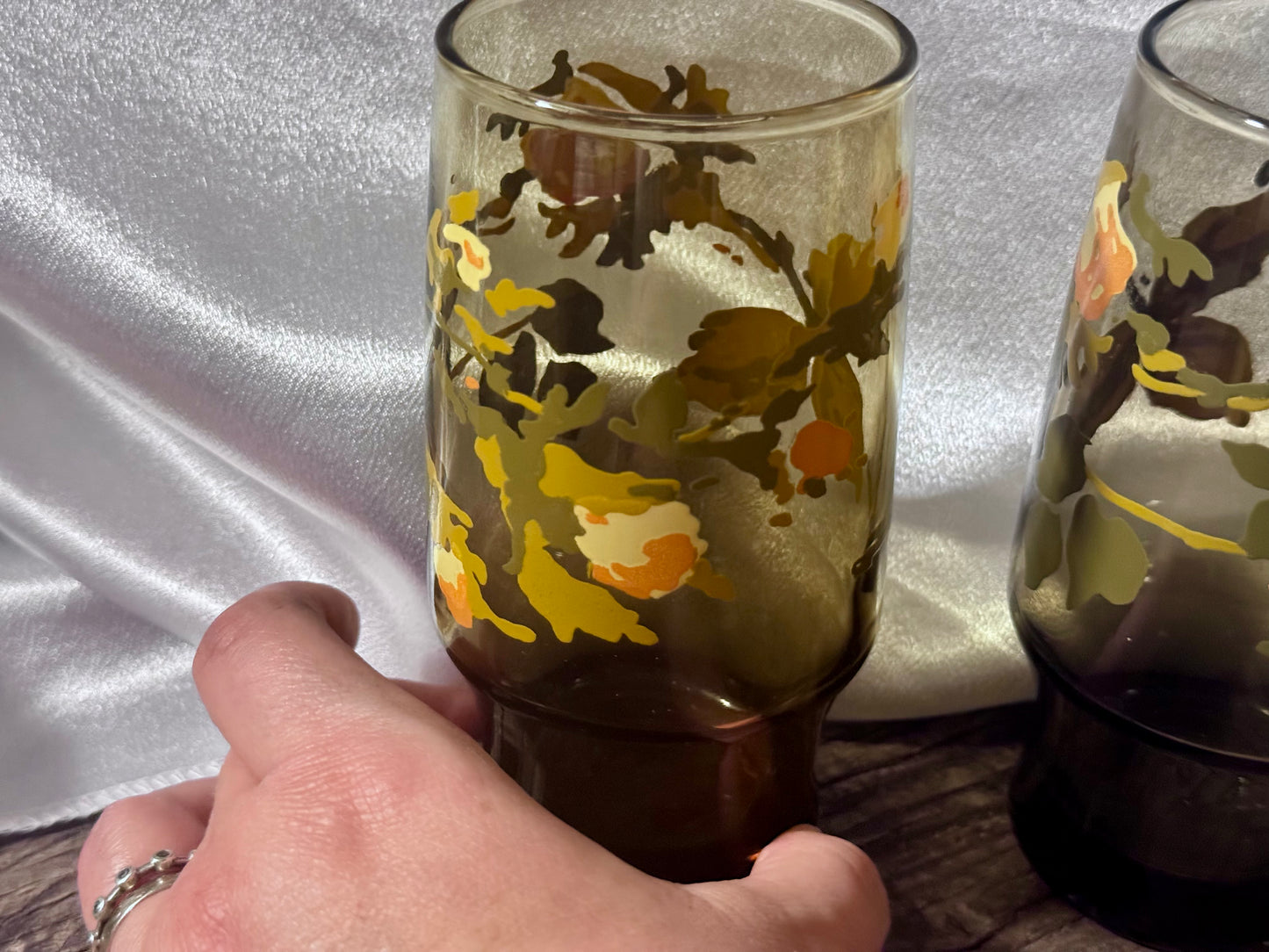 Amber Coloured Floral Drinking Glasses