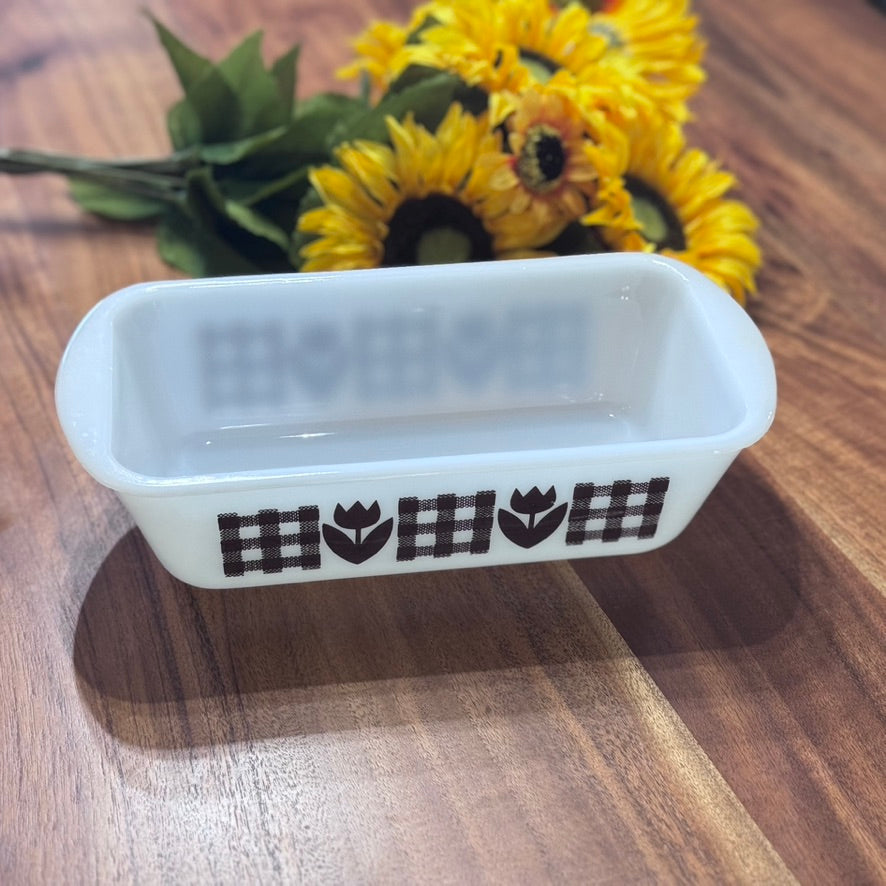 Glasbake 1.5 QT Milk Glass & Brown Tulip Loaf Pan