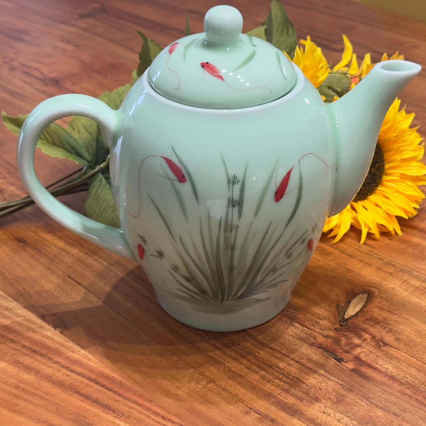 Asian Inspired Glazed Porcelain Coy/Goldfish Tea Pot
