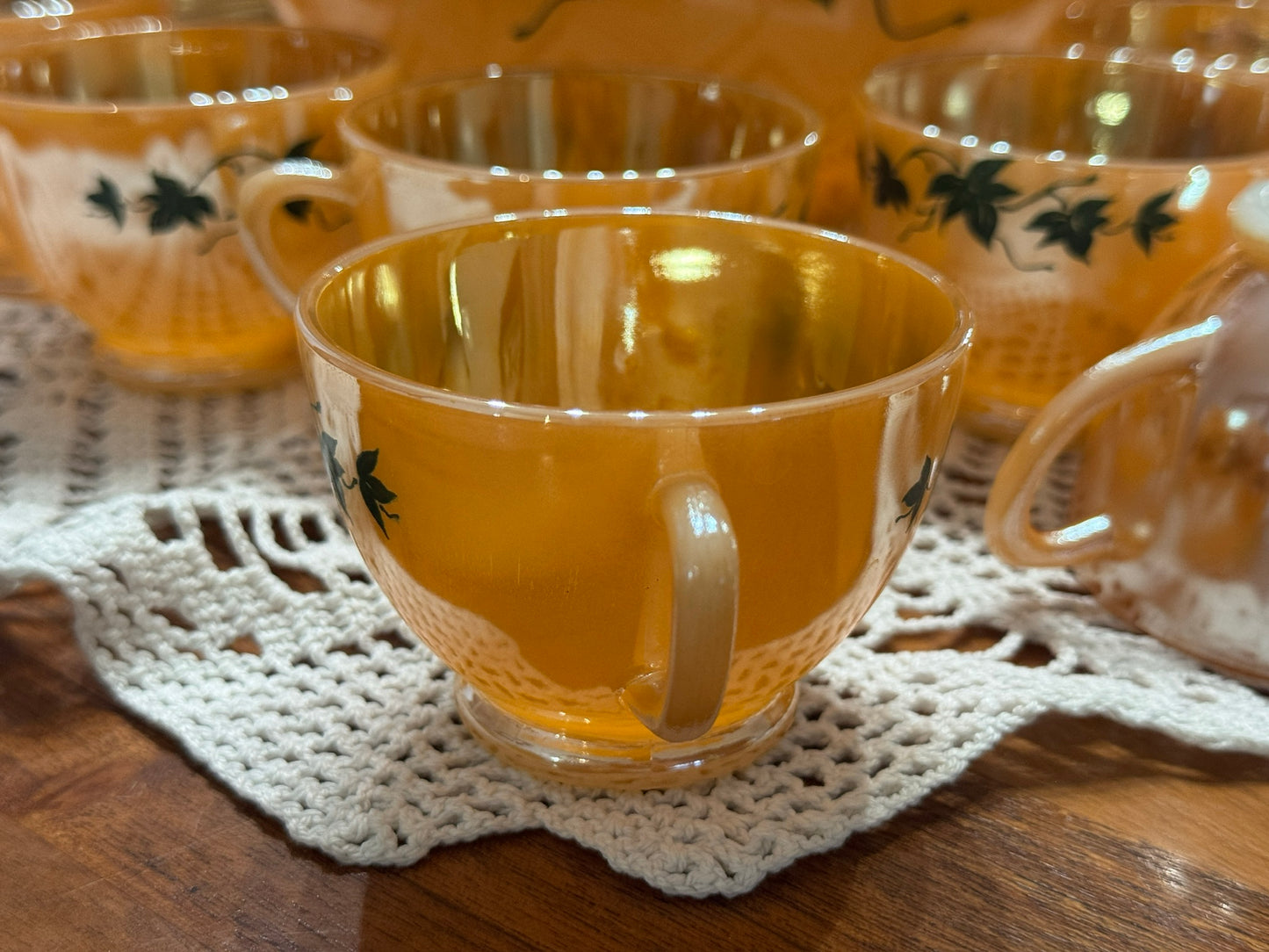 Anchor Hocking Fire-King Peach Luster 'Green Ivy' Punch Bowl Set