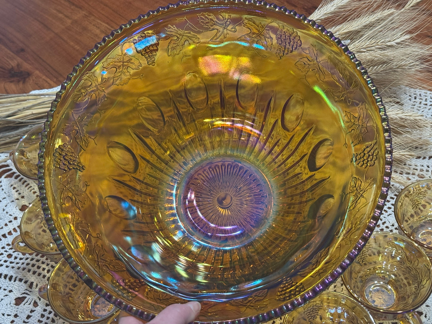 Marigold Indiana Carnival Glass Punch Bowl Set