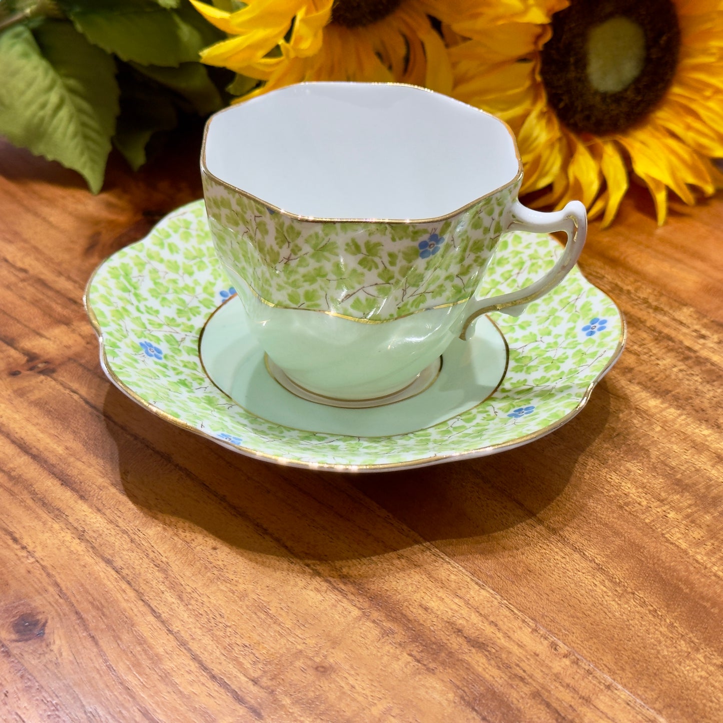 ROSINA Green Clover & Flower Teacup & Saucer Set