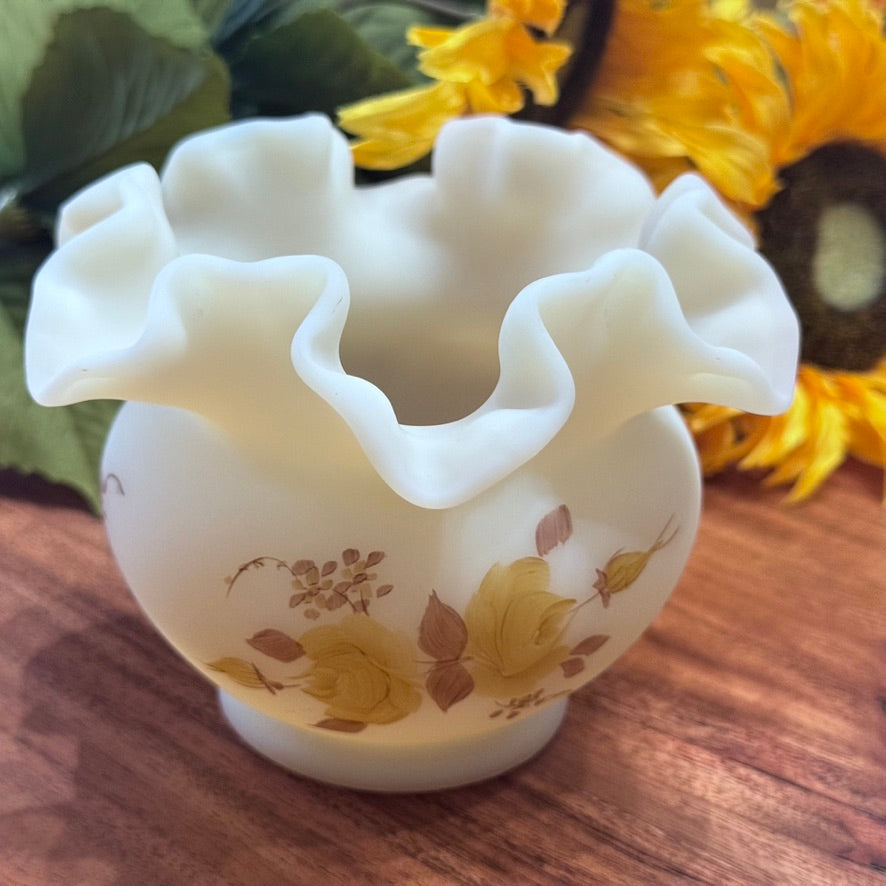 Fenton Hand Painted Custard Glass Bowl Vase