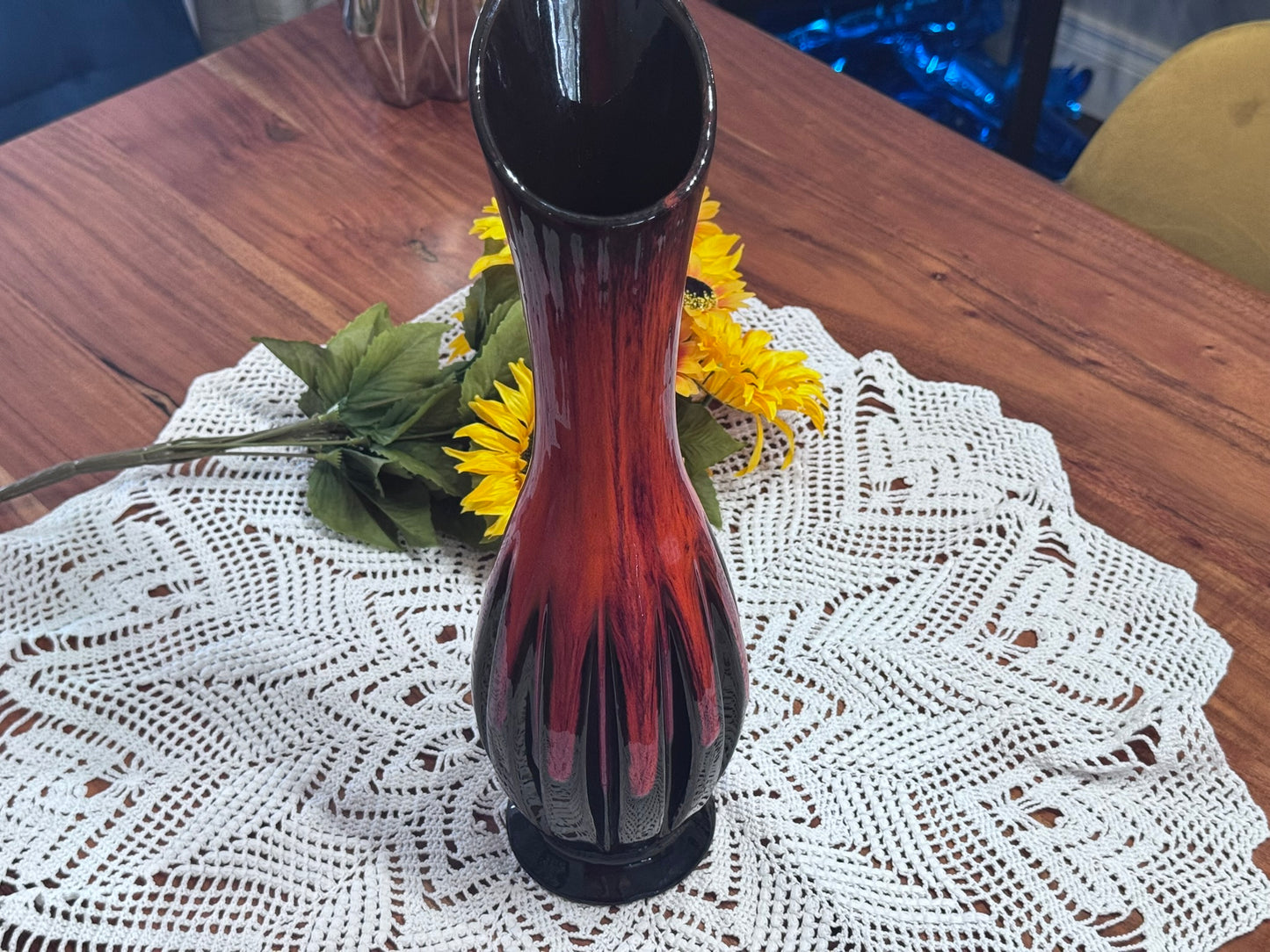 Vintage Orange/Black Drip Glaze Long Neck Vase