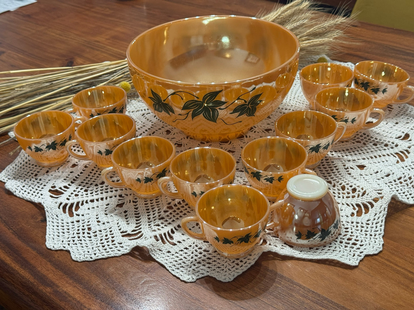 Anchor Hocking Fire-King Peach Luster 'Green Ivy' Punch Bowl Set