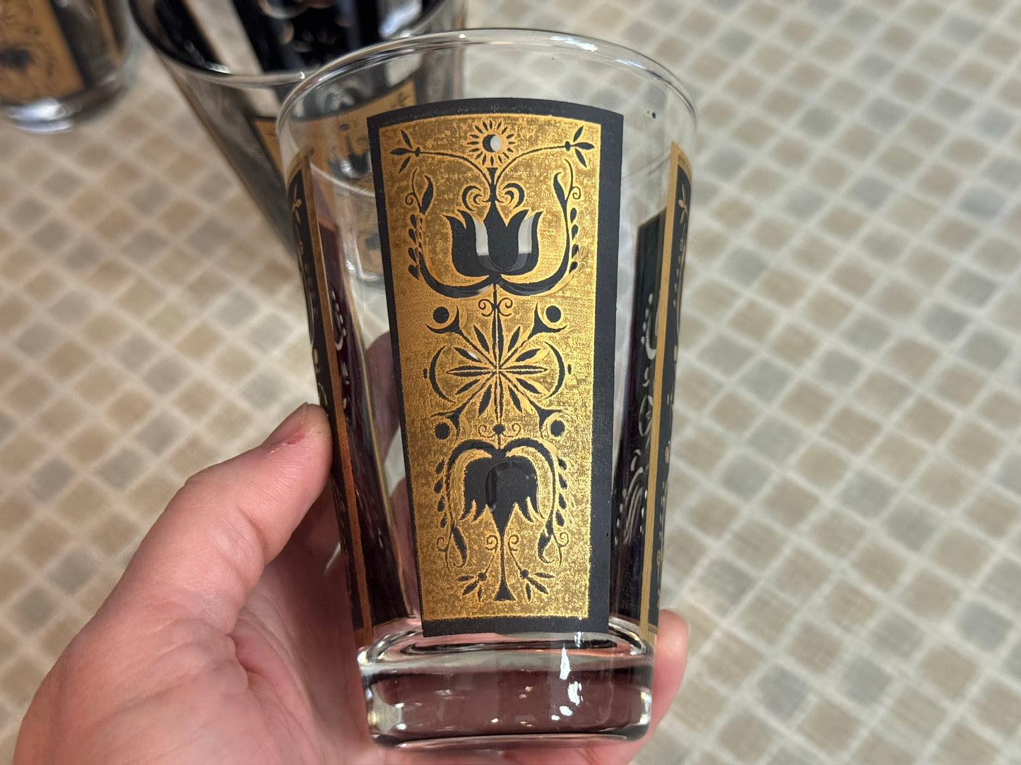 Dominion Glass Black & Gold Tulip Print Design Drinking Glasses (Set of 4)