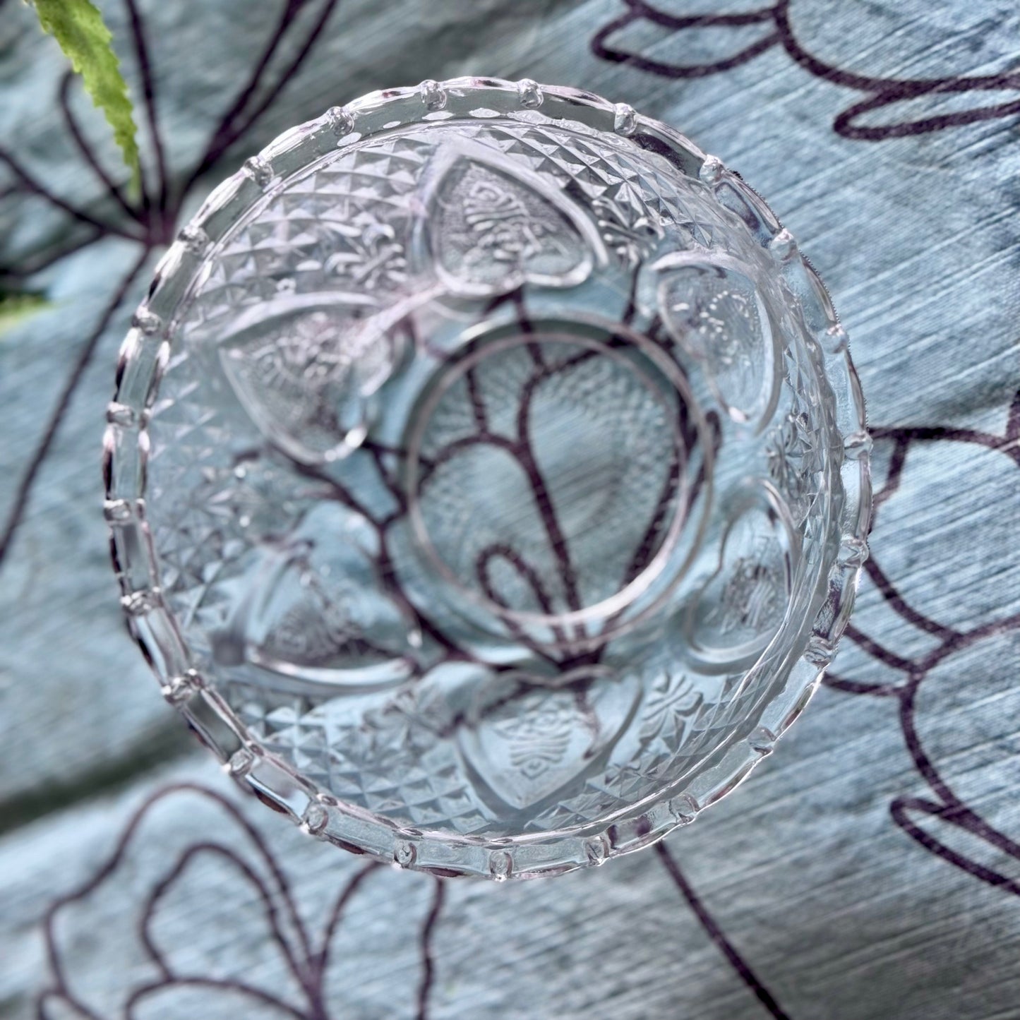Small FNG Indonesia Glass Etched Fleur De Lis Hearts & Roses Dish