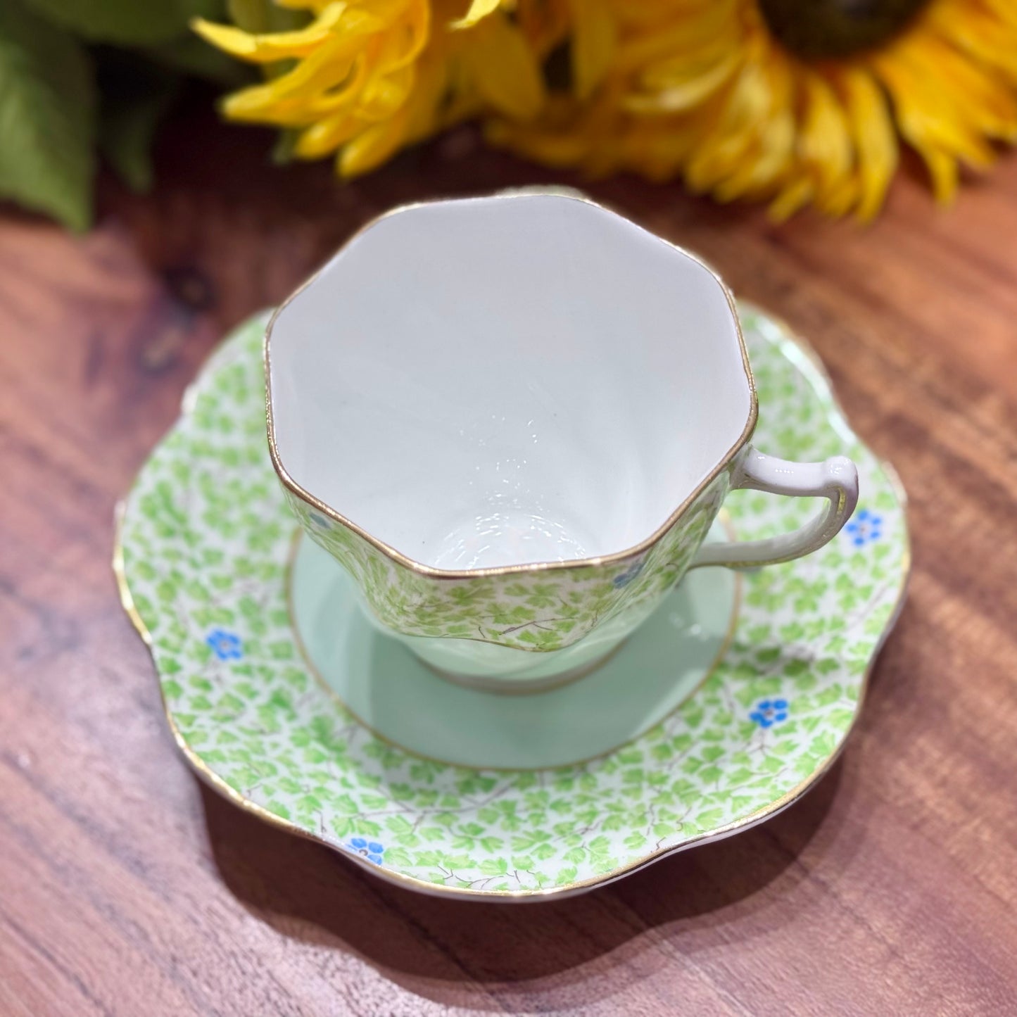 ROSINA Green Clover & Flower Teacup & Saucer Set