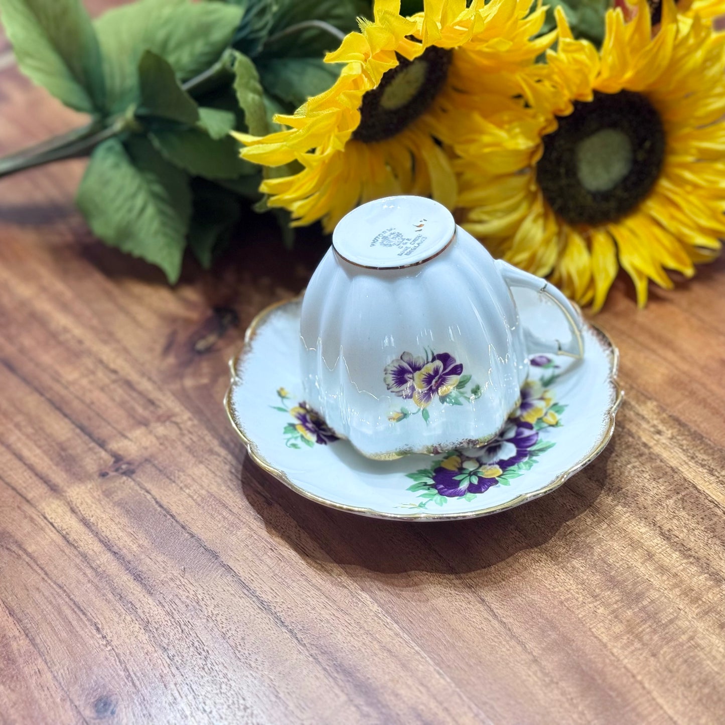 Victoria C & E Bone China Purple Pansy Teacup & Saucer Set