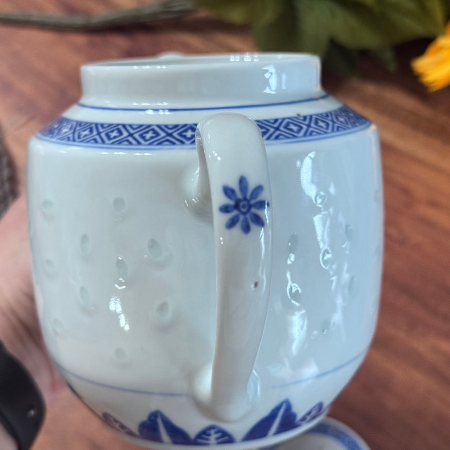 Chinese Jingdezhen Zhi Rice Eye Blue & White Teapot