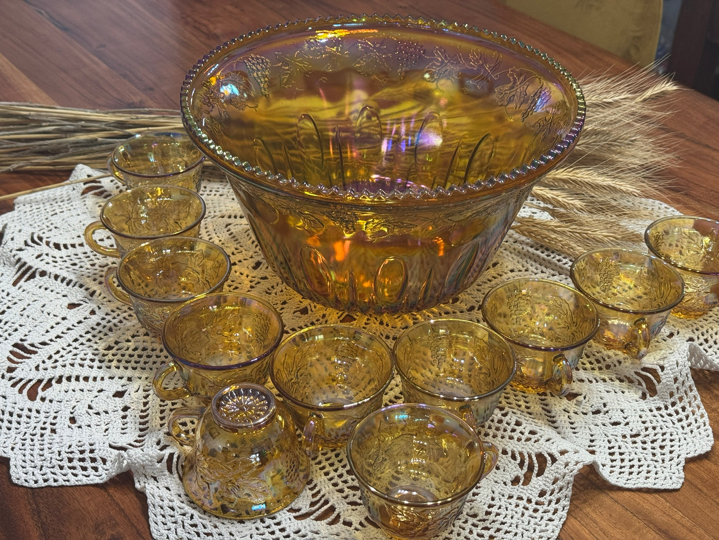 Marigold Indiana Carnival Glass Punch Bowl Set