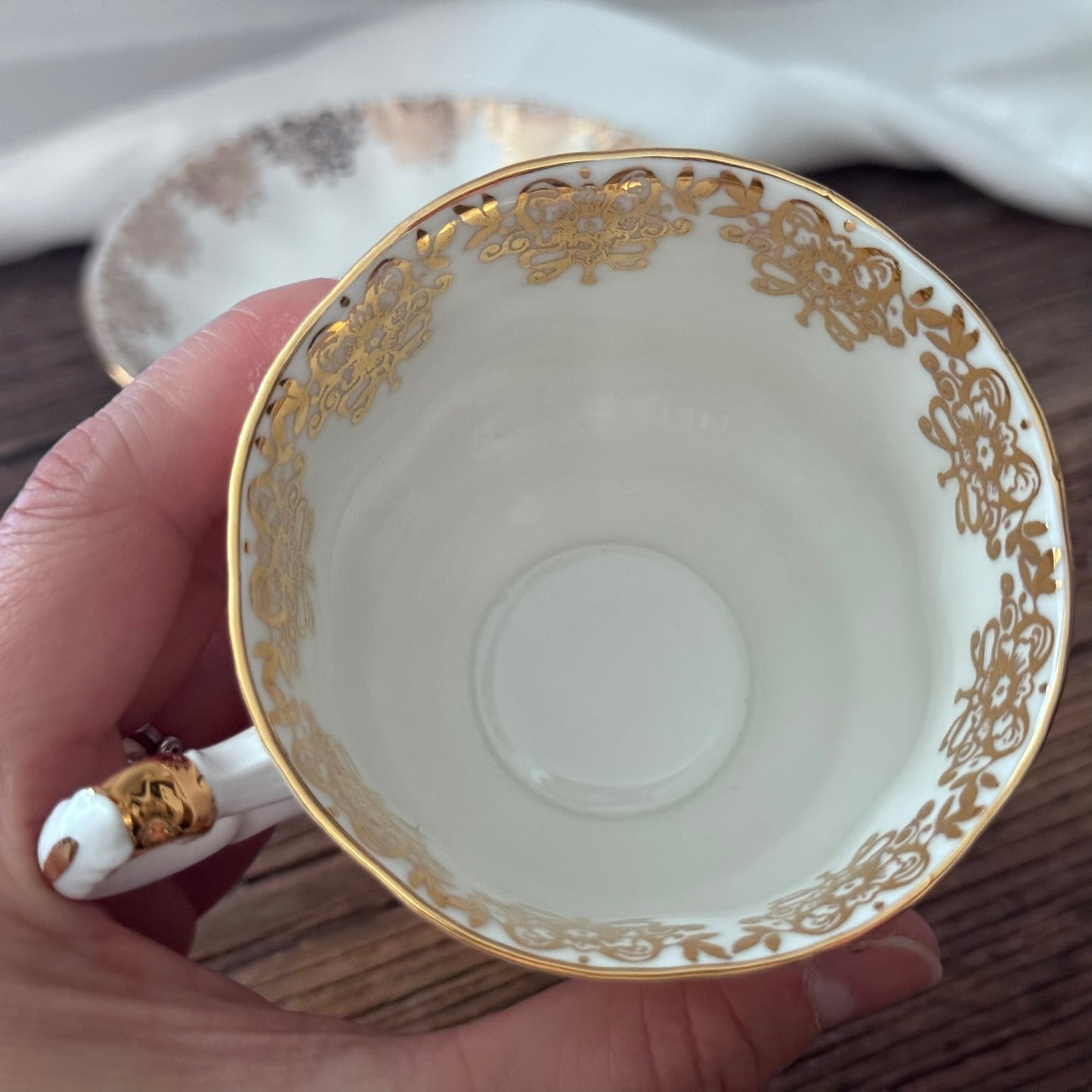 Paragon 'Joyeux Anniversaire' Golden Floral Pattern Teacup and Saucer