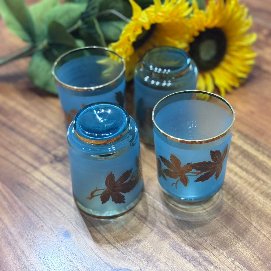 Bohemian Blue Glass with Gold Leaf Motif Design Tumblers