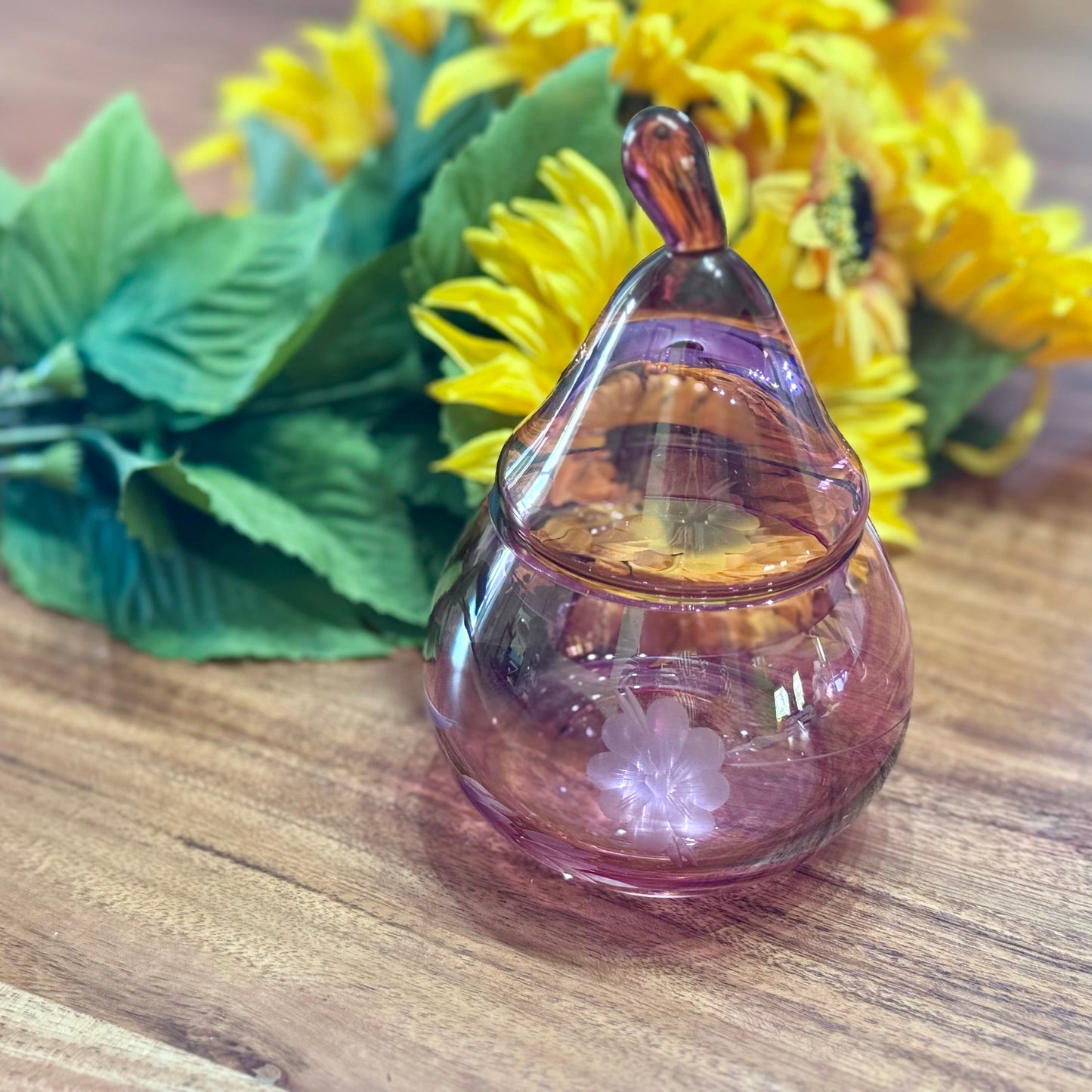 Cranberry Etched Glass Lidded Pear Shape Trinket Dish