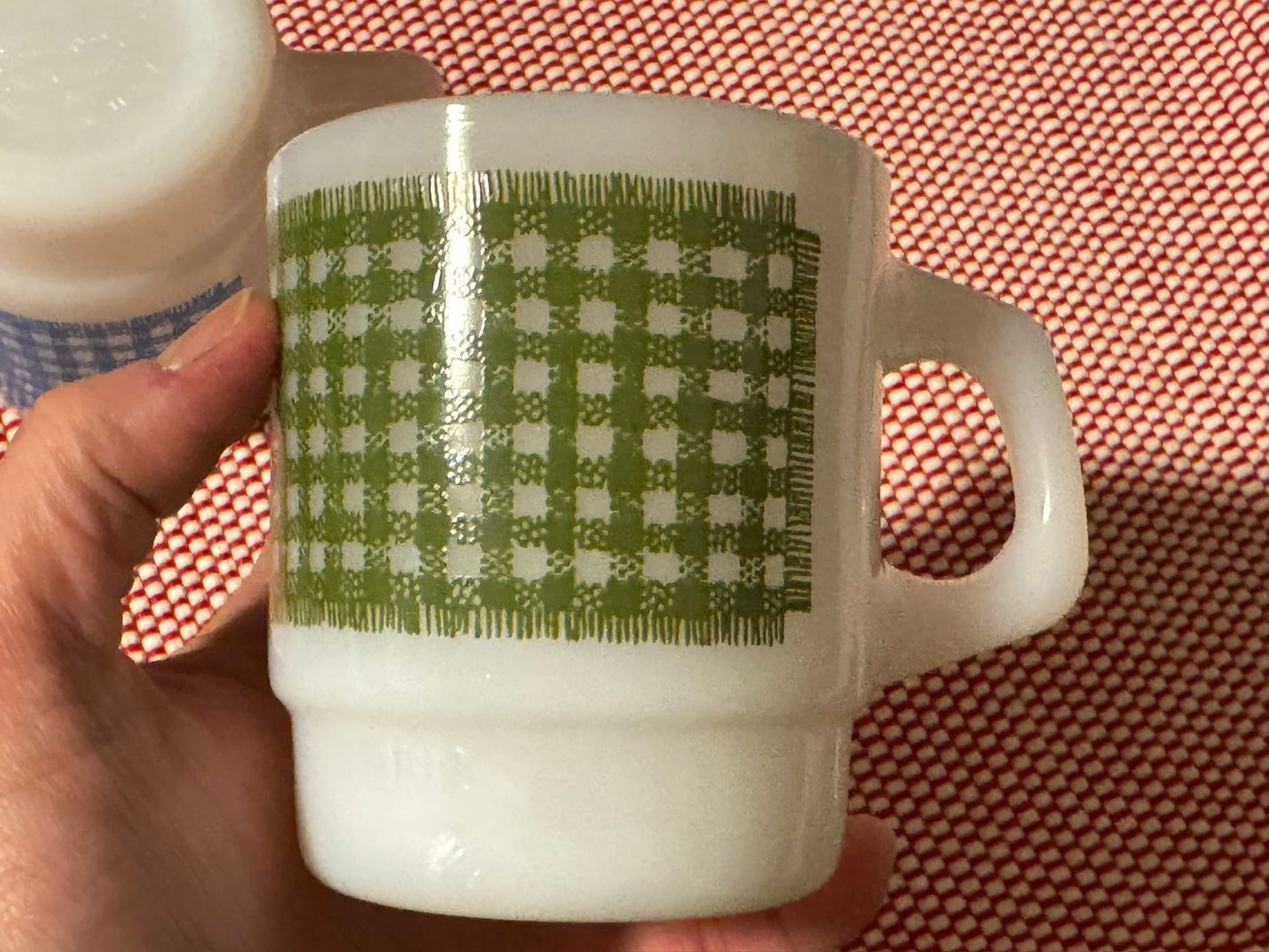 Anchor Hocking Fire-King Stackable Gingham Milk Glass Mugs