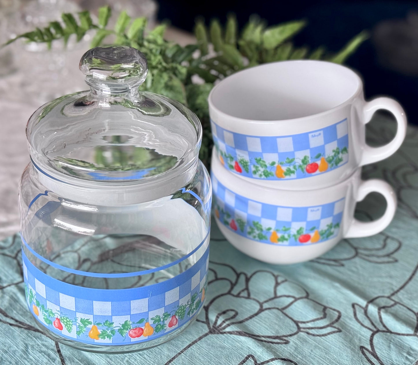 Blue Checkered & Fruit Glass Canister by Palluy